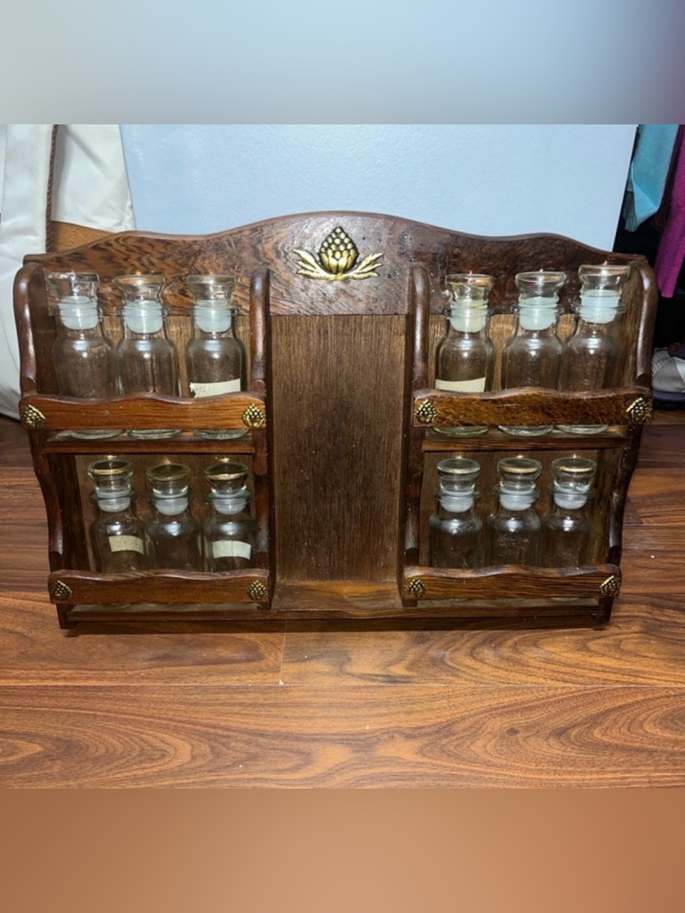 Wooden Spice Rack with Glass Bottles - Brown